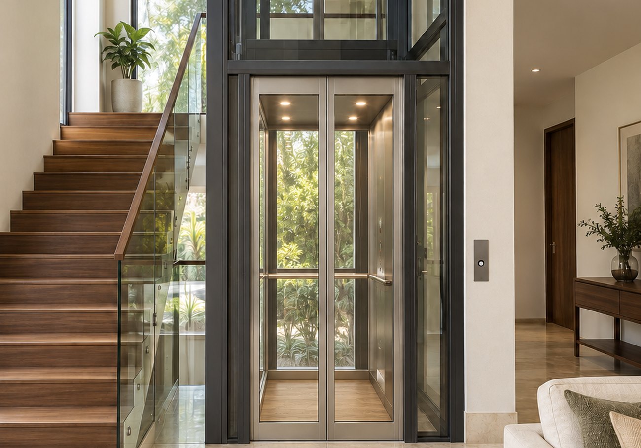 Glass home lift beside a wooden staircase (illustrative design study)
