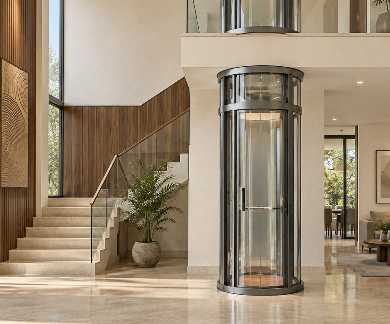 BESCO Mini Lift, circular model, beside a staircase