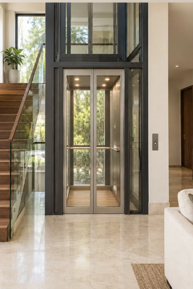 Glass home lift beside a wooden staircase (illustrative design study)
