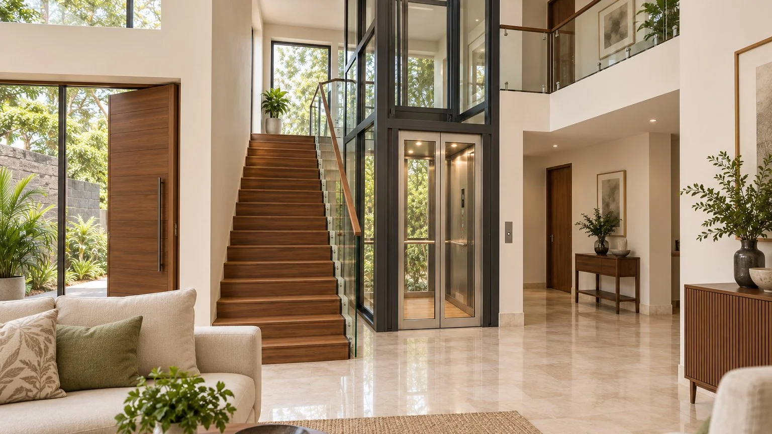 Home lift in a living room beside a staircase (illustrative design study)