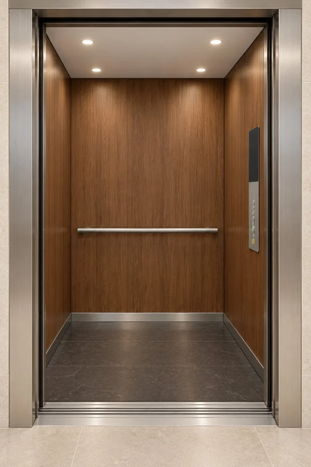 Wood-panelled passenger lift cabin (illustrative)