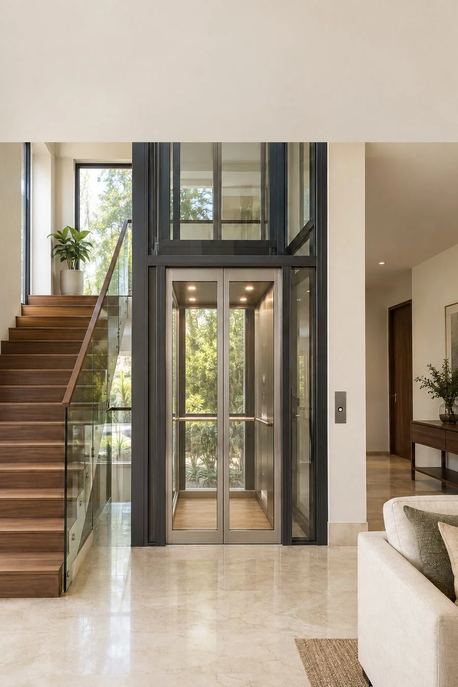 Glass home lift beside a wooden staircase (illustrative design study)