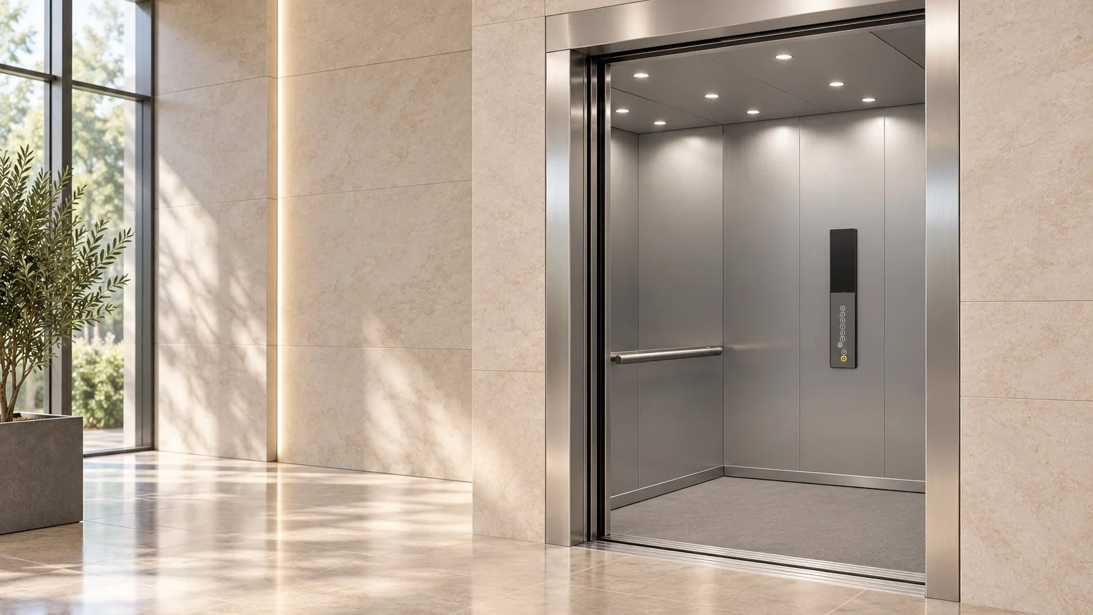 Passenger lift in a marble lobby (illustrative)